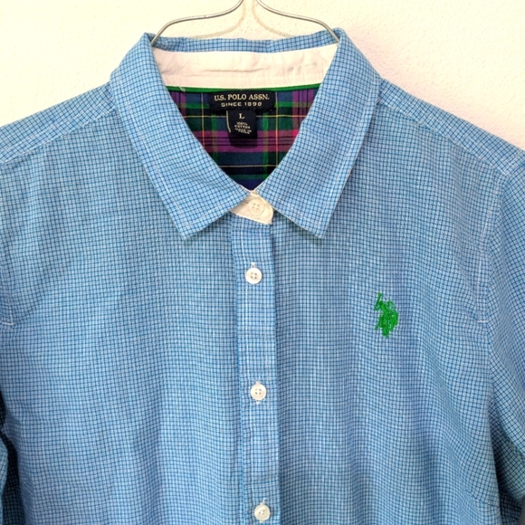 U.S. Polo Assn. Light Blue Checked Women's Button Down Shirt Sz M Cotton Collar - Picture 1 of 9